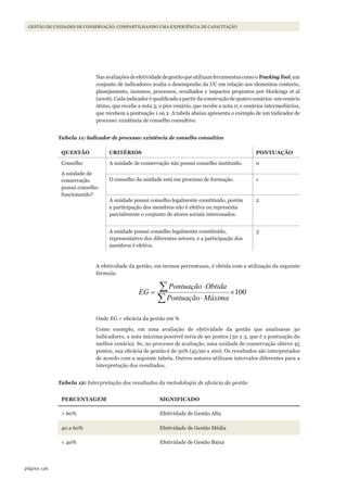 126página
GESTÃO DE UNIDADES DE CONSERVAÇÃO: COMPARTILHANDO UMA EXPERIÊNCIA DE CAPACITAÇÃO
NasavaliaçõesdeefetividadedegestãoqueutilizamferramentascomooTrackingTool,um
conjunto de indicadores avalia o desempenho da UC em relação aos elementos contexto,
planejamento, insumos, processos, resultados e impactos propostos por Hockings et al
(2006). Cada indicador é qualificado a partir da construção de quatro cenários: um cenário
ótimo, que recebe a nota 3; o pior cenário, que recebe a nota 0; e cenários intermediários,
que recebem a pontuação 1 ou 2. A tabela abaixo apresenta o exemplo de um indicador de
processo: existência de conselho consultivo.
Tabela 11: Indicador de processo: existência de conselho consultivo
qUESTÃO CRITéRIOS PONTUAÇÃO
Conselho
A unidade de
conservação
possui conselho
funcionando?
A unidade de conservação não possui conselho instituído. 0
O conselho da unidade está em processo de formação. 1
A unidade possui conselho legalmente constituído, porém
a participação dos membros não é efetiva ou representa
parcialmente o conjunto de atores sociais interessados.
2
A unidade possui conselho legalmente constituído,
representativo dos diferentes setores, e a participação dos
membros é efetiva.
3
A efetividade da gestão, em termos percentuais, é obtida com a utilização da seguinte
fórmula:
Onde EG = eficácia da gestão em %
Como exemplo, em uma avaliação de efetividade da gestão que analisasse 30
indicadores, a nota máxima possível seria de 90 pontos (30 x 3, que é a pontuação do
melhor cenário). Se, no processo de avaliação, uma unidade de conservação obteve 45
pontos, sua eficácia de gestão é de 50% (45/90 x 100). Os resultados são interpretados
de acordo com a seguinte tabela. Outros autores utilizam intervalos diferentes para a
interpretação dos resultados.
Tabela 12: Interpretação dos resultados da metodologia de eficácia da gestão
PERCENTAGEM SIGNIFICADO
> 60% Efetividade de Gestão Alta
40 a 60% Efetividade de Gestão Média
< 40% Efetividade de Gestão Baixa
100×
⋅
⋅
=
∑
∑
MáximaPontuação
ObtidaPontuação
EG
WWF_CursosUC.indb 126 31/08/2012 17:21:00
 