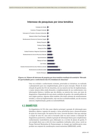 167página
GESTÃO INTEGRADA DE CONHECIMENTO: UMA ABORDAGEM INTRODUTÓRIA PARA AS UNIDADES DE CONSERVAÇÃO DA AMAZÔNIA
Figura 12: Número de interesses de pesquisa por área temática resultante do seminário “Mercado
de oportunidades para o conhecimento das UCs Estaduais do Amazonas”
Uma vez avaliado o conhecimento existente, priorizadas as iniciativas, ou realizado
o planejamento para sua complementação, parte-se para execução. Diante da atual
situação de gestão das UCs da Amazônia, em sua maioria em fase de implementação,
o maior número delas ainda demanda a complementação de seu conhecimento com
informações básicas e inéditas que são obtidas, na maioria das vezes, por meio de
diagnósticos. Dependendo de suas atuais condições de gestão e da vontade política de
seus órgãos gestores, algumas delas também vêm tendo sistemas de monitoramento
testados, e outras já implementados, seja com foco na biodiversidade, uso de recursos
naturais, implementação, gestão ou sustentabilidade.
4.3. DIAGNÓSTICOS
Os diagnósticos de UCs têm como objetivo principal a geração de informação para
identificar objetos e agentes de manejo, e áreas prioritárias para o desenvolvimento
de ações de conservação. Na maioria das vezes, ocorrem durante a fase que antecipa
a criação de uma UC, mas está se tornando cada vez mais comum a realização de
diagnósticos posteriores, voltados à geração de informação básica para complementar
conhecimentos insatisfatórios para elaboração ou a revisão de planos de gestão. É
um exemplo deste caso a série de cinco expedições realizadas entre 2004 e 2006 ao
Parque Nacional Montanhas do Tumucumaque, no Amapá, que também gerou como
produto um conjunto de considerações conservacionistas (BERNARD, 2008).
WWF_CursosUC.indb 167 31/08/2012 17:21:20
 