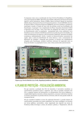 191página
PROTEÇÃO DE UNIDADES DE CONSERVAÇÃO DA AMAZÔNIA
O programa conta com a coordenação da Casa Civil da Presidência da República,
com a participação do MMA, Ministério das Cidades, Ministério de Desenvolvimento
Agrário, outros ministérios, Ibama, ICMBio, Banco do Brasil, Bando da Amazônia
(BASA), Banco Nacional de Desenvolvimento Econômico e Social (BNDES), Serviço
de Apoio às Micro e Pequenas Empresas (SEBRAE), governos estaduais e prefeituras
municipais visando à criação de uma rede de proteção social nas localidades sob
fiscalização. A operação é um complemento do Plano Amazônia Sustentável (PAS)
à Operação Arco de Fogo e atua como fator de mitigação dos efeitos do combate
ao desmatamento sobre as populações manipuladas pelo crime ambiental. Leva
benefícios sociais e direitos trabalhistas onde houver perda de postos de trabalho, em
razão do fechamento de empresas, pela fiscalização ambiental; apoiando atividades
econômicas ambientalmente viáveis, visando ao desenvolvimento sustentável da
região. Após o início da distribuição de cestas básicas e com o acionamento do
Ministério do Trabalho e Emprego para garantir os direitos dos trabalhadores
atingidos pela fiscalização, nenhum confronto relevante foi registrado entre as
forças do Estado e as populações locais, como vinha acontecendo anteriormente.
Figura 23: Foto do Mutirão Arco Verde. Regulação fundiária, cidadania e sustentabilidade.
4.PLANO DE PROTEÇÃO – FISCALIZAÇÃO AMBIENTAL
No que concerne a proteção das UCs da Amazônia, é necessário considerar as
características peculiares locais e regionais, tais como as grandes extensões das
UCs, o pequeno número de funcionários, as sobreposições com terras indígenas, a
complexidade logística inerente ao bioma amazônico, os acessos rodoviários restritos
ou mesmo inexistentes no período chuvoso (inverno), além de uma grande malha de
transporte fluvial.
Há que considerar também as áreas de exploração florestal e o grande número de
contravenções associadas aos crimes ambientais, tais como a grilagem e as invasões
em terras públicas, narcotráfico, crime organizado (em especial nas áreas de
fronteira), tráfico de drogas e armas, de animais e plantas, a “biopirataria”, além de
©ARqUIVOCGFIS/DIPRO/IBAMA
WWF_CursosUC.indb 191 31/08/2012 17:21:33
 