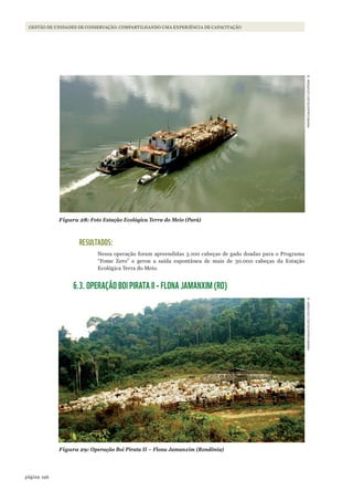 196página
GESTÃO DE UNIDADES DE CONSERVAÇÃO: COMPARTILHANDO UMA EXPERIÊNCIA DE CAPACITAÇÃO
Figura 28: Foto Estação Ecológica Terra do Meio (Pará)
RESULTADOS:
Nessa operação foram apreendidas 3.100 cabeças de gado doadas para o Programa
“Fome Zero” e gerou a saída espontânea de mais de 30.000 cabeças da Estação
Ecológica Terra do Meio.
6.3. OPERAÇÃO BOI PIRATA II – FLONA JAMANXIM (RO)
Figura 29: Operação Boi Pirata II – Flona Jamanxim (Rondônia)
©ARqUIVOCGFIS/DIPRO/IBAMA©ARqUIVOCGFIS/DIPRO/IBAMA
WWF_CursosUC.indb 196 31/08/2012 17:21:36
 