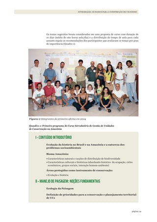 19página
INTRODUÇÃO: OS PASSOS PARA A CONSTRUÇÃO DE UM SONHO
Os temas sugeridos foram considerados em uma proposta de curso com duração de
10 dias (média de oito horas aula/dia) e a distribuição do tempo de aula para cada
assunto seguiu as recomendações dos participantes que avaliaram os temas por grau
de importância (Quadro 1).
Figura 1: Integrantes da primeira oficina em 2004
Quadro 1: Primeiro programa do Curso Introdutório de Gestão de Unidades
de Conservação na Amazônia
I - CONTEÚDO INTRODUTÓRIO
Evolução da história no Brasil e na Amazônia e a natureza dos
problemas socioambientais
Bioma Amazônia:
•	Características naturais e noções de distribuição de biodiversidade
•	Características culturais e históricas (abordando histórico da ocupação, ciclos
econômicos, grupos sociais, interação homem-ambiente)
Áreas protegidas como instrumento de conservação:
•	Evolução e história
II – MANEJO DE PAISAGEM: NOÇÕES FUNDAMENTAIS
Ecologia da Paisagem
Definição de prioridades para a conservação e planejamento territorial
de UCs
WWF_CursosUC.indb 19 31/08/2012 17:20:11
 