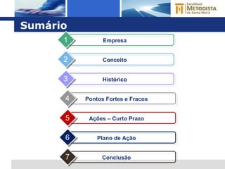 Sumário Empresa 1 Conceito 2 Histórico 3 Pontos Fortes e Fracos 4 Ações – Curto Prazo 5 Plano de Ação 6 Conclusão 7 