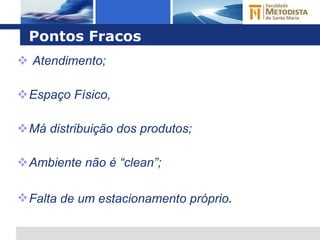 Pontos Fracos Atendimento; Espaço Físico,  Má distribuição dos produtos; Ambiente não é “clean”; Falta de um estacionamento próprio . 