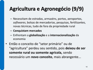 Agricultura e Agronegócio (9/9)
   – Necessitam de estradas, armazéns, portos, aeroportos,
     softwares, bolsas de mercadorias, pesquisas, fertilizantes,
     novas técnicas, tudo de fora da propriedade rural
   – Conquistam mercados
   – Enfrentam a globalização e a internacionalização da
     economia
• Então o conceito de “setor primário” ou de
  “agricultura” perdeu seu sentido, pois deixou de ser
  somente rural ou somente agrícola, sendo
  necessário um novo conceito, mais abrangente...

                                                               14
 