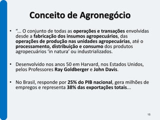 Conceito de Agronegócio
• “... O conjunto de todas as operações e transações envolvidas
  desde a fabricação dos insumos agropecuários, das
  operações de produção nas unidades agropecuárias, até o
  processamento, distribuição e consumo dos produtos
  agropecuários ‘in natura’ ou industrializados.

• Desenvolvido nos anos 50 em Harvard, nos Estados Unidos,
  pelos Professores Ray Goldberger e John Davis.

• No Brasil, responde por 25% do PIB nacional, gera milhões de
  empregos e representa 38% das exportações totais...



                                                              15
 