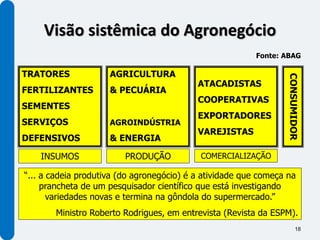 Visão sistêmica do Agronegócio
                                                          Fonte: ABAG

TRATORES             AGRICULTURA




                                                                  CONSUMIDOR
                                           ATACADISTAS
FERTILIZANTES        & PECUÁRIA
                                           COOPERATIVAS
SEMENTES
                                           EXPORTADORES
SERVIÇOS             AGROINDÚSTRIA
                                           VAREJISTAS
DEFENSIVOS           & ENERGIA

    INSUMOS              PRODUÇÃO           COMERCIALIZAÇÃO

“... a cadeia produtiva (do agronegócio) é a atividade que começa na
     prancheta de um pesquisador científico que está investigando
       variedades novas e termina na gôndola do supermercado.”
       Ministro Roberto Rodrigues, em entrevista (Revista da ESPM).
                                                                       18
 