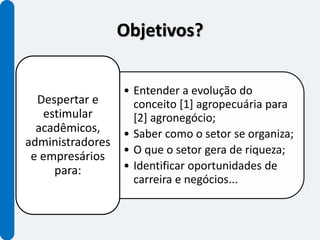 Objetivos?

                  • Entender a evolução do
  Despertar e       conceito [1] agropecuária para
   estimular        [2] agronegócio;
  acadêmicos,     • Saber como o setor se organiza;
administradores
                  • O que o setor gera de riqueza;
 e empresários
     para:        • Identificar oportunidades de
                    carreira e negócios...
 
