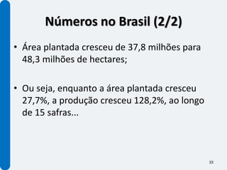 Números no Brasil (2/2)
• Área plantada cresceu de 37,8 milhões para
  48,3 milhões de hectares;

• Ou seja, enquanto a área plantada cresceu
  27,7%, a produção cresceu 128,2%, ao longo
  de 15 safras...



                                               33
 
