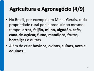 Agricultura e Agronegócio (4/9)
• No Brasil, por exemplo em Minas Gerais, cada
  propriedade rural podia produzir ao mesmo
  tempo: arroz, feijão, milho, algodão, café,
  cana-de-açúcar, fumo, mandioca, frutas,
  hortaliças e outras
• Além de criar bovinos, ovinos, suínos, aves e
  equinos...


                                                  9
 