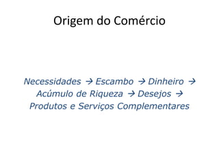 Origem do Comércio 
Necessidades  Escambo  Dinheiro  
Acúmulo de Riqueza  Desejos  
Produtos e Serviços Complementares 
 