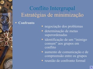 Conflito Intergrupal
Estratégias de minimização
w  Confronto

w  negociação dos problemas
w  determinação de metas
superordenadas
w  identificação de um “inimigo
comum” aos grupos em
conflito
w  aumento de comunicação e de
compreensão entre os grupos
w  reunião de confronto formal

 