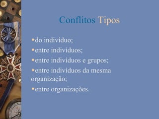 Conflitos Tipos
w do indivíduo;
w entre indivíduos;
w entre indivíduos e grupos;
w entre indivíduos da mesma
organização;
w entre organizações.

 