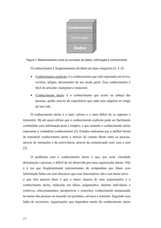 Figura 1: Relacionamento entre os conceitos de dados, informação e conhecimento


                                                       O conhecimento é freqüentemente dividido em duas categorias [3, 5, 6]:

                                                       •   Conhecimento explícito: é o conhecimento que está registrado em livros,
                                                           revistas, artigos, documentos de um modo geral. Esse conhecimento é
                                                           fácil de articular, manipular e transmitir.

                                                       •   Conhecimento tácito: é o conhecimento que existe na cabeça das
PUC-Rio - Certificação Digital Nº 0024128/CA




                                                           pessoas, ganho através da experiência que cada uma adquiriu ao longo
                                                           de sua vida.

                                                       O conhecimento tácito é o mais valioso e o mais difícil de se capturar e
                                               transmitir. Há até quem afirme que o conhecimento explícito pode ser facilmente
                                               confundido com informação pura e simples, e que somente o conhecimento tácito
                                               representa o verdadeiro conhecimento [3]. Estudos indicaram que a melhor forma
                                               de transmitir conhecimento tácito é através de contato direto entre as pessoas,
                                               através de interações e da convivência, através da comunicação oral, cara a cara
                                               [5].

                                                       O problema com o conhecimento tácito é que, por estar vinculado
                                               diretamente a pessoas, é difícil de ser absorvido por uma organização inteira. Não
                                               é à toa que freqüentemente representantes de companhias que lidam com
                                               informação falam em seus discursos que seus funcionários são o seu maior ativo –
                                               o que eles querem dizer é que a maior riqueza de suas organizações é o
                                               conhecimento tácito, traduzido em idéias, julgamentos, talentos individuais e
                                               coletivos, relacionamentos, perspectivas e conceitos, conhecimento armazenado
                                               na mente das pessoas ou inserido em produtos, serviços e sistemas. Seguindo essa
                                               linha de raciocínio, organizações que dependem muito do conhecimento tácito




                                               17
 