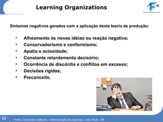 Alheamento às novas idéias ou reação negativa; Conservadorismo e conformismo; Apatia e ociosidade; Constante retardamento decisório; Ocorrência de discórdia e conflitos em excesso; Decisões rígidas; Preconceito. Sintomas negativos gerados com a aplicação desta teoria de produção:  Learning Organizations Fonte: Chiavaneto Idalberto - Administração de empresas - São Paulo - SP 
