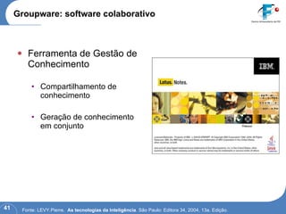 Groupware: software colaborativo Ferramenta de Gestão de Conhecimento Compartilhamento de conhecimento Geração de conhecimento em conjunto Fonte:  LEVY.Pierre.  As tecnologias da Inteligência . São Paulo: Editora 34, 2004, 13a. Edição.  