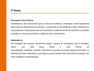 2º Passo



Flutuação e Caos Criativo
Contrataremos dois funcionários para as áreas de marketing e psicólogos, estará responsável
pela queda de desempenho da empresa, o crescimento da concorrência e terão a liberdade de
criar programas motivacionais para os funcionários e melhores formas de aumentar a qualidade
e desafios no intuito de aumentar a criação do novo conhecimento.


Redundância
Na montagem dos veículos, formaremos etapas e grupos de funcionários para a produção.
Assim,      que       cada          grupo     atingiu     o         nível    máximo        de
especialização, qualidade, produção, colocaremos os grupos em outras etapas de produção, na
finalidade de haver rotatividade e que todos os grupos saibam fazer toda linha de produção com
maior qualidade e especialização.
 