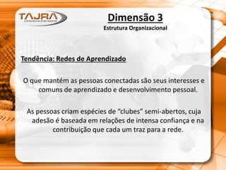 Dimensão 3
Estrutura Organizacional
Tendência: Redes de Aprendizado
O que mantém as pessoas conectadas são seus interesses e
comuns de aprendizado e desenvolvimento pessoal.
As pessoas criam espécies de “clubes” semi-abertos, cuja
adesão é baseada em relações de intensa confiança e na
contribuição que cada um traz para a rede.
 