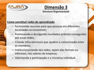 Dimensão 3
Estrutura Organizacional
Como constituir redes de aprendizado
– Fornecendo recursos para que pessoas em diferentes
localidades se encontrem;
– Promovendo e divulgando resultados práticos conseguidos
por essas redes;
– Criando infra-estrutura que ajudem a comunicação entre
os membros;
– Institucionalizando tais redes, sejam elas formais ou
informais, nos valores da empresa;
– Valorizando a participação e a iniciativa individual.
 