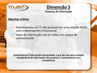 Dimensão 5
Sistemas de Informação
Algumas críticas
– Investimentos em TI não parecem ter uma relação direta
com o desempenho empresarial
– Input de informação não se traduz em output de
conhecimento
Conhecimento é informação interpretada, o que faz com que a simples
transferência de informação não aumento o conhecimento ou a
competência.
 