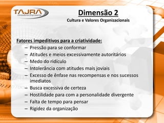 Dimensão 2
Cultura e Valores Organizacionais
Fatores impeditivos para a criatividade:
– Pressão para se conformar
– Atitudes e meios excessivamente autoritários
– Medo do ridículo
– Intolerância com atitudes mais joviais
– Excesso de ênfase nas recompensas e nos sucessos
imediatos
– Busca excessiva de certeza
– Hostilidade para com a personalidade divergente
– Falta de tempo para pensar
– Rigidez da organização
 