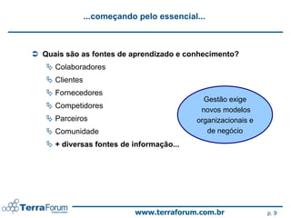 ...começando pelo essencial...



 Quais são as fontes de aprendizado e conhecimento?
    Colaboradores
    Clientes
    Fornecedores
                                             Gestão exige
    Competidores
                                            novos modelos
    Parceiros                             organizacionais e
    Comunidade                               de negócio
    + diversas fontes de informação...




                            www.terraforum.com.br              p. 9
 