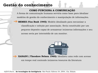Gestão do conhecimentoBIBLIOGRAFIAHarvard Business Review. Gestao do Conhecimento, Editora Campos. 2001.NONAKA,I.; TAKEUCHI,N. Criação de conhecimento na empresa. 1.ed.Rio de Janeiro: Campus. 1997LUCAS,Henry. Tecnologia da informação1.ed.Rio de Janeiro: LTC. 2005