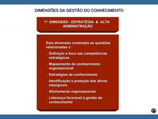1ª. DIMENSÃO - ESTRATÉGIA  &  ALTA  ADMINISTRAÇÃO DIMENSÕES DA GESTÃO DO CONHECIMENTO Esta dimensão contempla as questões  relacionadas a : .  Definição e foco nas competências  estratégicas .  Mapeamento do conhecimento  organizacional .  Estratégias de conhecimento .  Identificação e proteção dos ativos  intangíveis .  Alinhamento organizacional .  Liderança favorável à gestão do  conhecimento 