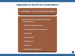 3ª. DIMENSÃO - CULTURA ORGANIZACIONAL Esta dimensão contempla questões  relacionadas a: .  Valores organizacionais .  Comportamentos valorizados .  Confiança .  Aprendizado .  Colaboração .  Inovação .  Perspectiva Sistêmica DIMENSÕES DA GESTÃO DO CONHECIMENTO 
