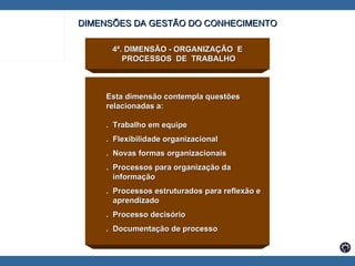 4ª. DIMENSÃO - ORGANIZAÇÃO  E PROCESSOS  DE  TRABALHO Esta dimensão contempla questões  relacionadas a: .  Trabalho em equipe .  Flexibilidade organizacional .  Novas formas organizacionais .  Processos para organização da  informação .  Processos estruturados para reflexão e  aprendizado .  Processo decisório .  Documentação de processo DIMENSÕES DA GESTÃO DO CONHECIMENTO 