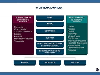 O SISTEMA EMPRESA VISÃO MISSÃO ESTRATÉGIA ESTRUTURA ORGANIZACIONAL E ESTILO GERENCIAL CULTURA ESTRATÉGIA DE GESTÃO  DE PESSOAS PROCESSOS PRÁTICAS NORMAS Economia Concorrência Aspectos Políticos e  Sociais Recurso Mercado de Trabalho Tecnologia Cultura Pessoas  Capital Tecnologia Infra-estrutura Propriedade  Intelectual / Industrial  Recursos Disponíveis Investimentos Desenvolvimento e  Pesquisa MONITORAMENTO DO AMBIENTE  EXTERNO MONITORAMENTO DO AMBIENTE  INTERNO 