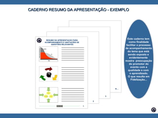 CADERNO RESUMO DA APRESENTAÇÃO - EXEMPLO  _______________________ _______________________ _______________________ _______________________ _______________________ _______________________ _______________________ _______________________ _______________________ _______________________ _______________________ _______________________ _______________________ _______________________ _______________________ _______________________ _______________________ _______________________ _______________________ _______________________ _______________________ RESUMO DA APRESENTAÇÃO PARA  ACOMPANHAMENTO E ANOTAÇÕES DE  QUESTÕES RELEVANTES 1 2 3 N ... Este caderno tem  como finalidade facilitar o processo  de acompanhamento do tema que está  sendo exposto e  evidentemente  mostra  preocupação do promotor do evento com a qualidade e com  o aprendizado. O que resulta em  Fidelização... 