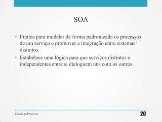 • Pratica para modelar de forma padronizada os processos
de um serviço e promover a integração entre sistemas
distintos.
• Estabelece uma lógica para que serviços distintos e
independentes entre si dialoguem uns com os outros.
Gestão de Processos 20
SOA
 