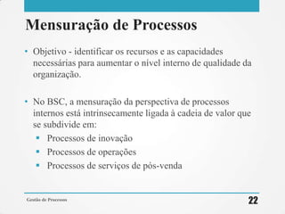 Mensuração de Processos
• Objetivo - identificar os recursos e as capacidades
necessárias para aumentar o nível interno de qualidade da
organização.
• No BSC, a mensuração da perspectiva de processos
internos está intrinsecamente ligada à cadeia de valor que
se subdivide em:
 Processos de inovação
 Processos de operações
 Processos de serviços de pós-venda
Gestão de Processos
22
 