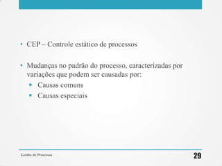 • CEP – Controle estático de processos
• Mudanças no padrão do processo, caracterizadas por
variações que podem ser causadas por:
 Causas comuns
 Causas especiais
Gestão de Processos
29
 