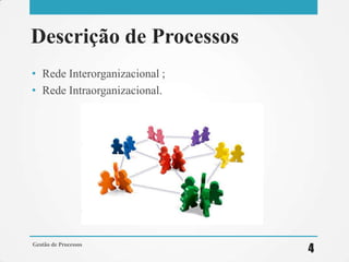 Descrição de Processos
• Rede Interorganizacional ;
• Rede Intraorganizacional.
Gestão de Processos
4
 