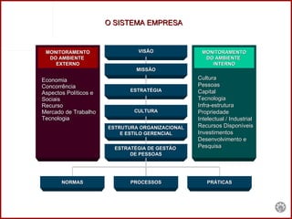O SISTEMA EMPRESA VISÃO MISSÃO ESTRATÉGIA ESTRUTURA ORGANIZACIONAL E ESTILO GERENCIAL CULTURA ESTRATÉGIA DE GESTÃO  DE PESSOAS PROCESSOS PRÁTICAS NORMAS Economia Concorrência Aspectos Políticos e  Sociais Recurso Mercado de Trabalho Tecnologia Cultura Pessoas  Capital Tecnologia Infra-estrutura Propriedade  Intelectual / Industrial  Recursos Disponíveis Investimentos Desenvolvimento e  Pesquisa MONITORAMENTO DO AMBIENTE  EXTERNO MONITORAMENTO DO AMBIENTE  INTERNO 