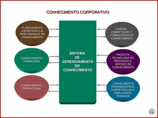 SISTEMA  DE  GERENCIAMENTO DO  CONHECIMENTO CONHECIMENTO FINANCEIRO CONHECIMENTO OPERACIONAL CLIENTE,  COMPETIDOR  E  FORNECEDOR DO CONHECIMENTO CONHECIMENTO ORGANIZACIONAL, COMPETENCIAS E  HABILIDADES  PESSOAIS CONHECIMENTO CORPORATIVO PLANEJAMENTO ESTRATÉGICO & PERFORMANCE DO CONHECIMENTO PRODUTO, TECNOLOGIA DO PROCESSO E  SERVIÇO DE CONHECIMENTO 