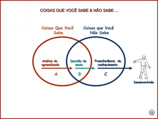 Coisas Que Você  Sabe Coisas que Você  Não Sabe Análise do  aprendizado Decisão de  envio Transferência  do conhecimento A B C Desenvovlvido COISAS QUE VOCÊ SABE & NÃO SABE ... 