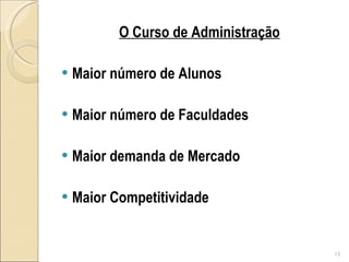 O Curso de Administração Maior número de Alunos Maior número de Faculdades Maior demanda de Mercado Maior Competitividade 