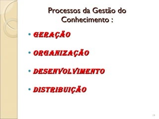 Processos da Gestão do Conhecimento : GERAÇÃO ORGANIZAÇÃO DESENVOLVIMENTO DISTRIBUIÇÃO 