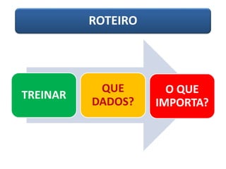 ROTEIRO 
TREINAR 
QUE DADOS? 
O QUE IMPORTA?  