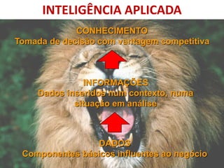 INTELIGÊNCIA APLICADADADOSComponentes básicos influentes ao negócio INFORMAÇÕESDados inseridos num contexto, numa situação em análiseCONHECIMENTO Tomada de decisão com vantagem competitiva  