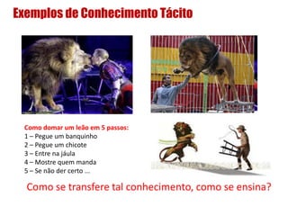 Exemplos de Conhecimento Tácito
Como domar um leão em 5 passos:
1 – Pegue um banquinho
2 – Pegue um chicote
3 – Entre na jáula
4 – Mostre quem manda
5 – Se não der certo ...
Como se transfere tal conhecimento, como se ensina?
 