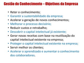 Gestão do Conhecimento – Objetivos da Empresa
• Reter o conhecimento;
• Garantir a sustentabilidade da empresa;
• Acelerar a geração de novos conhecimentos;
• Melhorar o processo decisório;
• Reduzir custos e retrabalho;
• Descobrir o capital intelectual já existente;
• Gerar novas receitas com base na reutilização do
capital intelectual existente na empresa;
• Proteger o capital intelectual existente na empresa;
• Servir melhor os clientes;
• Acelerar o aprendizado e aumentar o conhecimento
dos colaboradores.
 