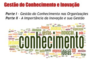 Parte I – Gestão do Conhecimento nas Organizações
Parte II - A Importância da Inovação e sua Gestão
Gestão do Conhecimento e Inovação
 