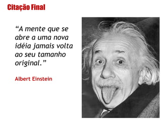 Citação Final
“A mente que se
abre a uma nova
idéia jamais volta
ao seu tamanho
original.”
Albert Einstein
 