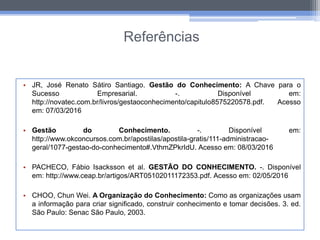 Referências
• JR, José Renato Sátiro Santiago. Gestão do Conhecimento: A Chave para o
Sucesso Empresarial. -. Disponível em:
http://novatec.com.br/livros/gestaoconhecimento/capitulo8575220578.pdf. Acesso
em: 07/03/2016
• Gestão do Conhecimento. -. Disponível em:
http://www.okconcursos.com.br/apostilas/apostila-gratis/111-administracao-
geral/1077-gestao-do-conhecimento#.VthmZPkrIdU. Acesso em: 08/03/2016
• PACHECO, Fábio Isacksson et al. GESTÃO DO CONHECIMENTO. -. Disponível
em: http://www.ceap.br/artigos/ART05102011172353.pdf. Acesso em: 02/05/2016
• CHOO, Chun Wei. A Organização do Conhecimento: Como as organizações usam
a informação para criar significado, construir conhecimento e tomar decisões. 3. ed.
São Paulo: Senac São Paulo, 2003.
 