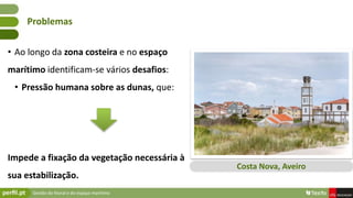 Gestão do litoral e do espaço marítimo
• Ao longo da zona costeira e no espaço
marítimo identificam-se vários desafios:
• Pressão humana sobre as dunas, que:
Impede a fixação da vegetação necessária à
sua estabilização.
Problemas
Costa Nova, Aveiro
 