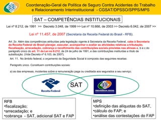 Coordenação-Geral de Política de Seguro Contra Acidentes do Trabalho 
e Relacionamento Interinstitucional - CGSAT/DPSSO/SPPS/MPS 
SAT – COMPETÊNCIAS INSTITUCIONAIS 
Lei nº 8.212, de 1991 >> Decreto 3.048, de 1999 >> Lei nº 10.666, de 2003 >> Decreto 6.042, de 2007 >> 
Lei nº 11.457, de 2007 (Secretaria da Receita Federal do Brasil - RFB). 
Art. 2o Além das competências atribuídas pela legislação vigente à Secretaria da Receita Federal, cabe à Secretaria 
da Receita Federal do Brasil planejar, executar, acompanhar e avaliar as atividades relativas a tributação, 
fiscalização, arrecadação, cobrança e recolhimento das contribuições sociais previstas nas alíneas a, b e c do 
parágrafo único do art. 11 da Lei no 8.212, de 24 de julho de 1991, e das contribuições instituídas a título de 
substituição. (Vide Decreto nº 6.103, de 2007). 
Art. 11. No âmbito federal, o orçamento da Seguridade Social é composto das seguintes receitas: 
Parágrafo único. Constituem contribuições sociais: 
a) as das empresas, incidentes sobre a remuneração paga ou creditada aos segurados a seu serviço; 
RFB 
•fiscalização; 
•arrecadação; e 
•cobrança - SAT, adicional SAT e FAP 
MPS 
•definição das alíquotas do SAT, 
•cálculo do FAP; e 
•análise das contestações do FAP 
SAT 
 