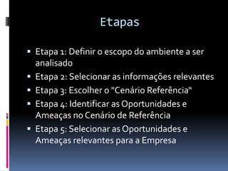 Etapas

 Etapa 1: Definir o escopo do ambiente a ser
    analisado
   Etapa 2: Selecionar as informações relevantes
   Etapa 3: Escolher o "Cenário Referência“
   Etapa 4: Identificar as Oportunidades e
    Ameaças no Cenário de Referência
   Etapa 5: Selecionar as Oportunidades e
    Ameaças relevantes para a Empresa
 